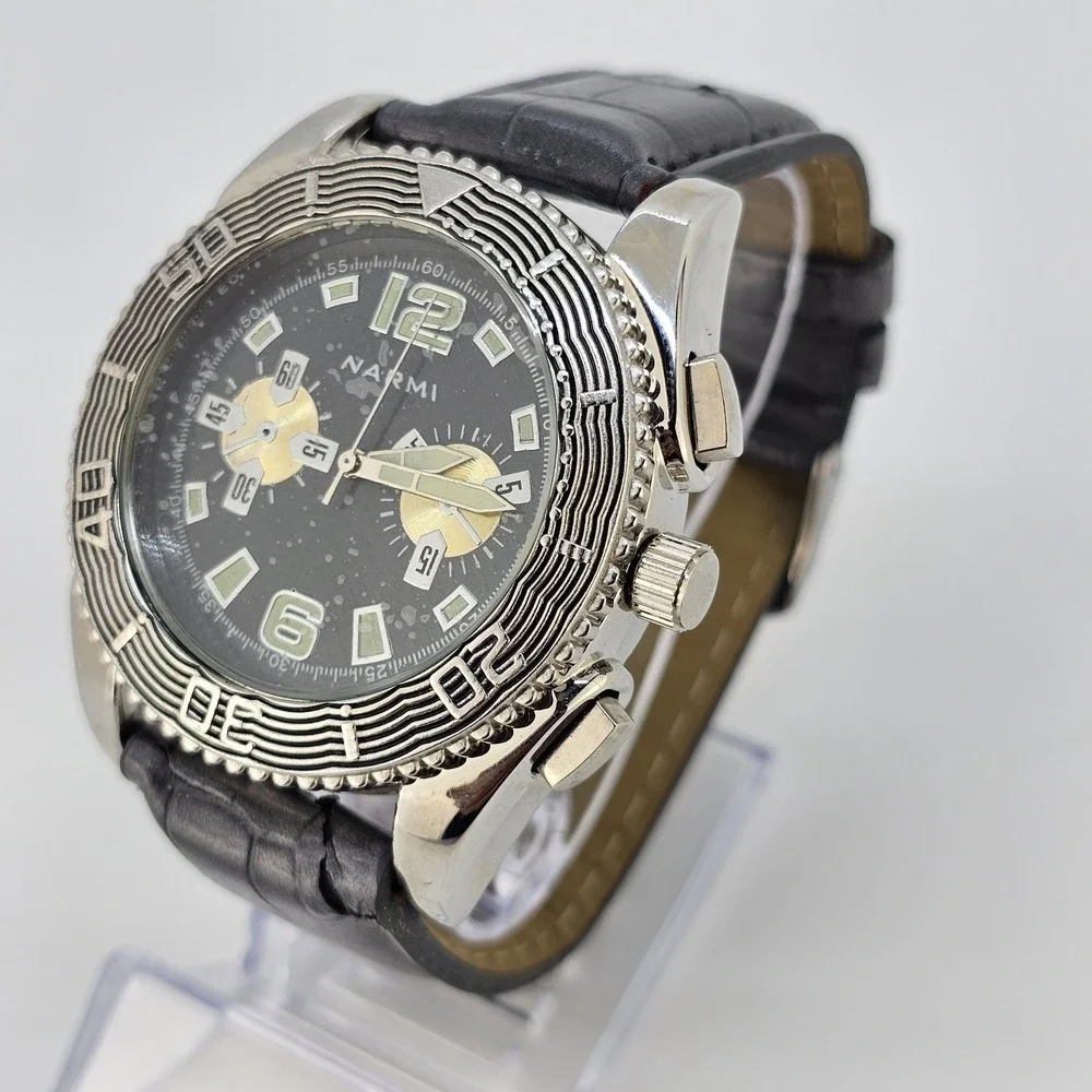 Narmi Unisex Analog Watch 45MM Dark Gray Dial Faux Leather Bands New Battery‎